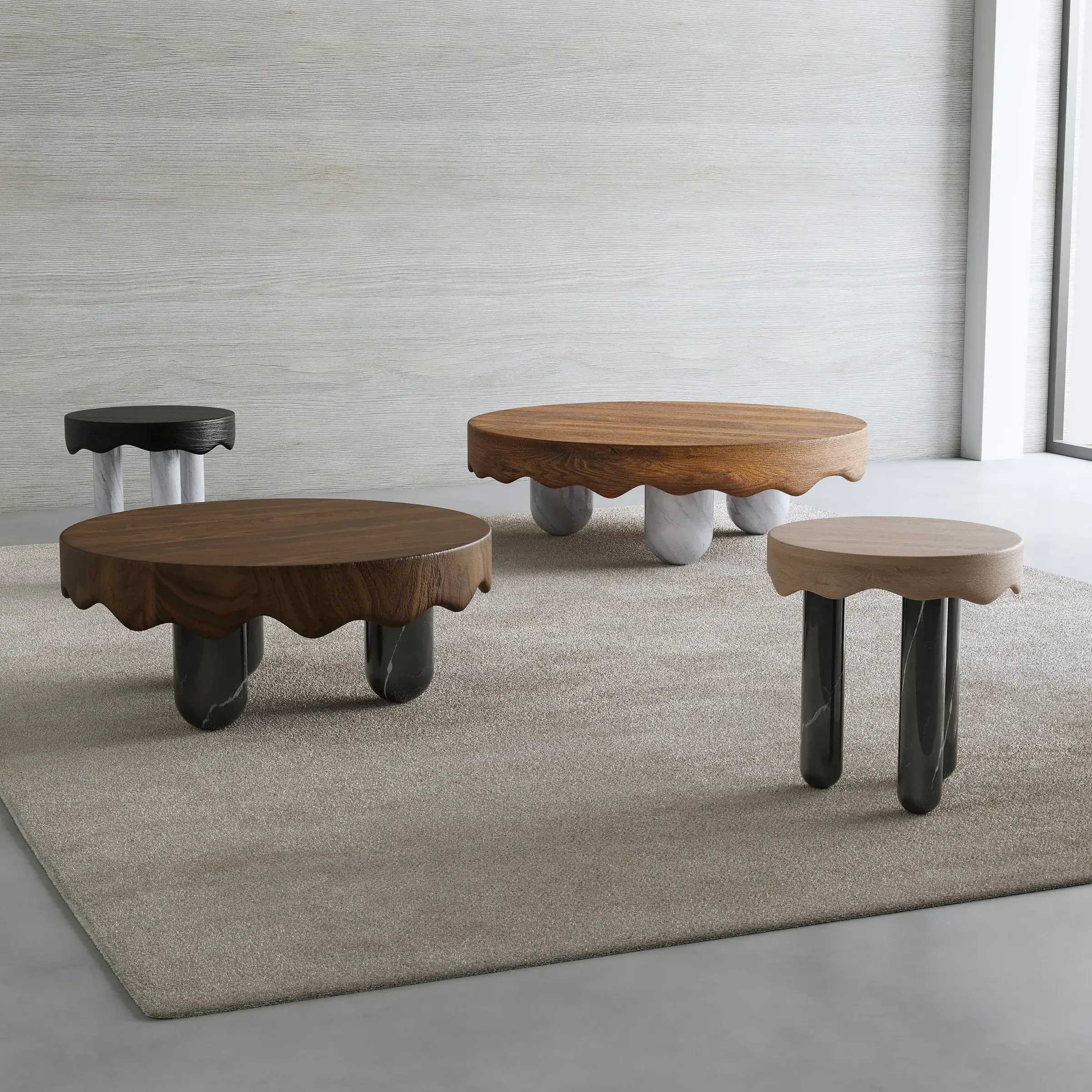 Bombay Design Lab — Melt Marble Tables in carved wood with Arabescato or Marquina marble